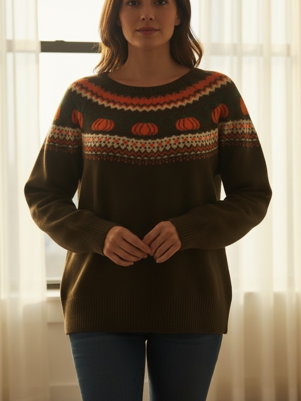 Vince Camuto Olive Crewneck Sweater with Orange Pumpkin Yoke Fall Time
